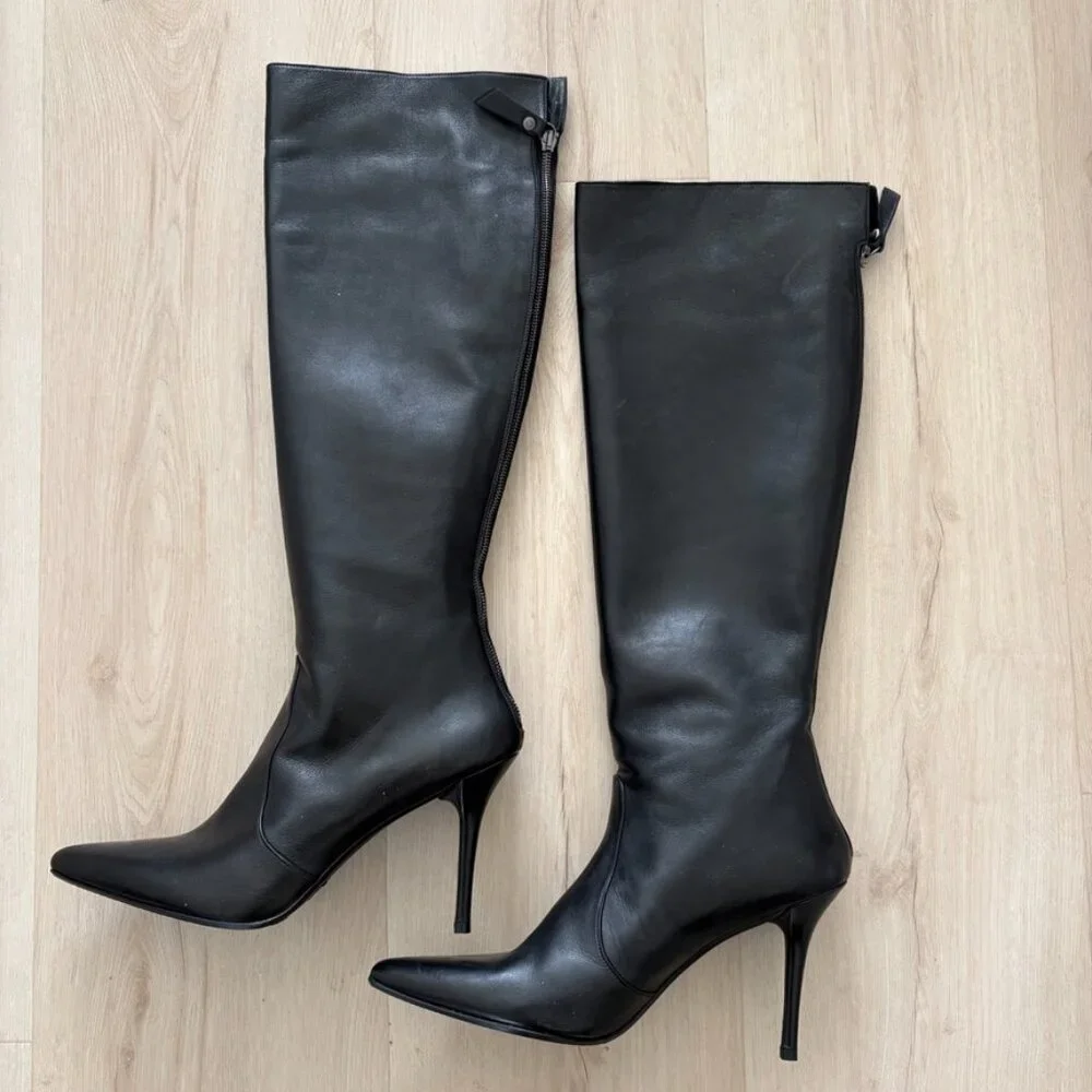 Stuart Weitzman Sohot Pointed Toe Tall Leather Boots Black Size 11.5 - Picture 3 of 16